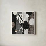 Rock N Roll Mic Neutral by Michael Mullan. Shown in a crisp white glass frame for a clean and minimalist style. Available as an archival giclee rolled canvas, fine art paper, or poster print. SKU 50185a.