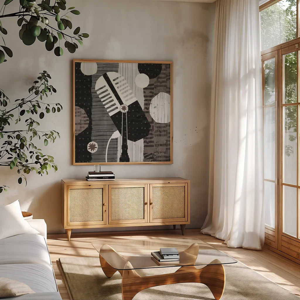 Rock N Roll Mic Neutral by Michael Mullan. Shown in a natural wood frame in a cozy modern living room. Available as an archival giclee rolled canvas, fine art paper, or poster print. SKU 50185a.