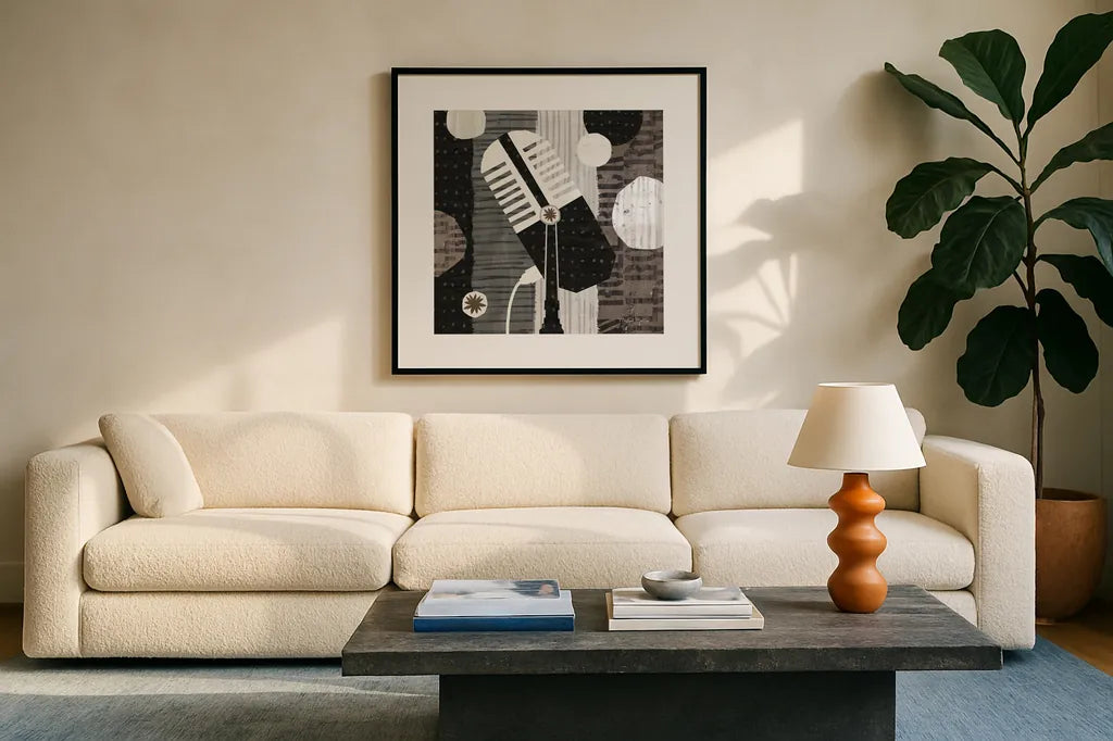 Rock N Roll Mic Neutral by Michael Mullan. Displayed in a glass frame with matte in a clean modern living room. Available as an archival giclee rolled canvas, fine art paper, or poster print. SKU 50185a.