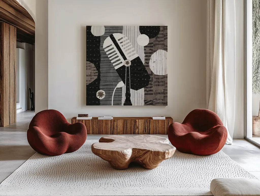 Rock N Roll Mic Neutral by Michael Mullan. Shown as extra-large giant wall art in a modern living room. Available as an archival giclee rolled canvas, fine art paper, or poster print. SKU 50185a.