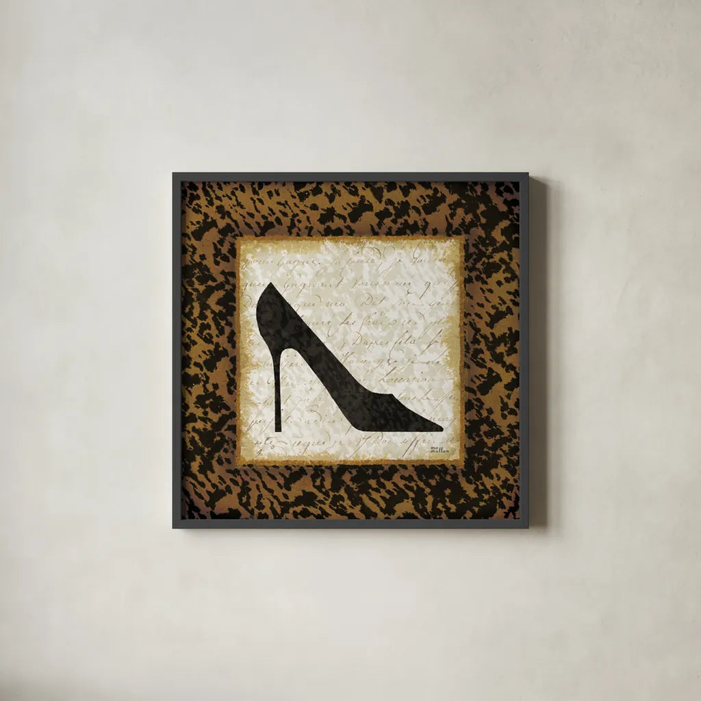 Safari Shoes I by Michael Mullan. Shown in a sleek black glass frame for a contemporary gallery look. Available as an archival giclee rolled canvas, fine art paper, or poster print. SKU 2864a.