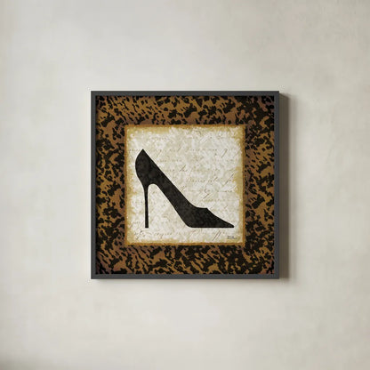 Safari Shoes I by Michael Mullan. Shown in a sleek black glass frame for a contemporary gallery look. Available as an archival giclee rolled canvas, fine art paper, or poster print. SKU 2864a.