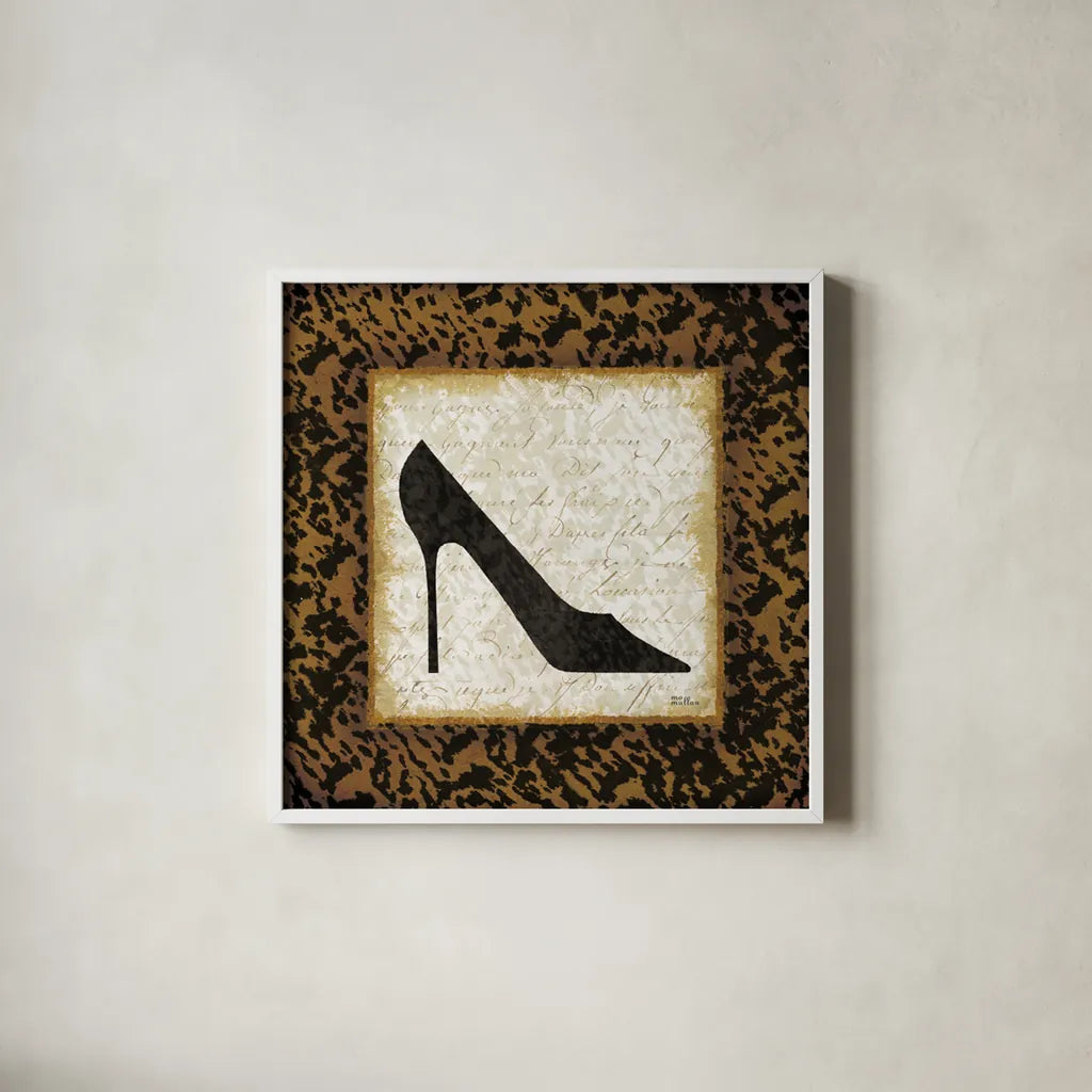 Safari Shoes I by Michael Mullan. Shown in a crisp white glass frame for a clean and minimalist style. Available as an archival giclee rolled canvas, fine art paper, or poster print. SKU 2864a.