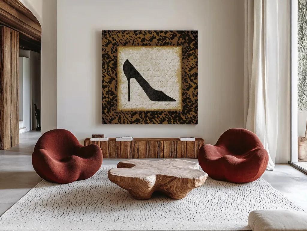 Safari Shoes I by Michael Mullan. Shown as extra-large giant wall art in a modern living room. Available as an archival giclee rolled canvas, fine art paper, or poster print. SKU 2864a.