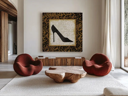 Safari Shoes I by Michael Mullan. Shown as extra-large giant wall art in a modern living room. Available as an archival giclee rolled canvas, fine art paper, or poster print. SKU 2864a.