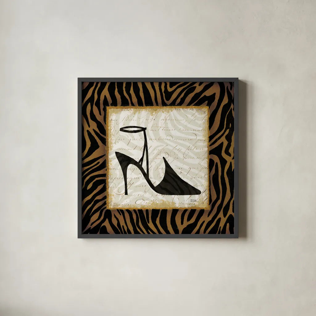 Safari Shoes II by Michael Mullan. Shown in a sleek black glass frame for a contemporary gallery look. Available as an archival giclee rolled canvas, fine art paper, or poster print. SKU 2865a.