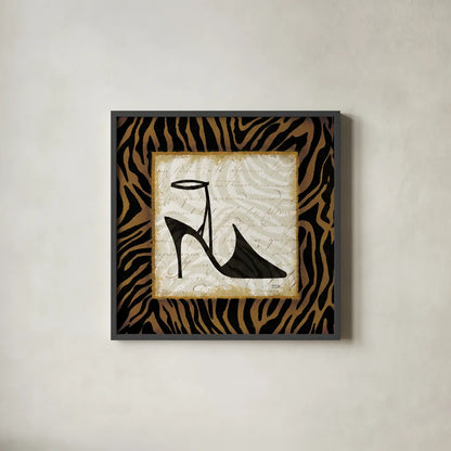 Safari Shoes II by Michael Mullan. Shown in a sleek black glass frame for a contemporary gallery look. Available as an archival giclee rolled canvas, fine art paper, or poster print. SKU 2865a.