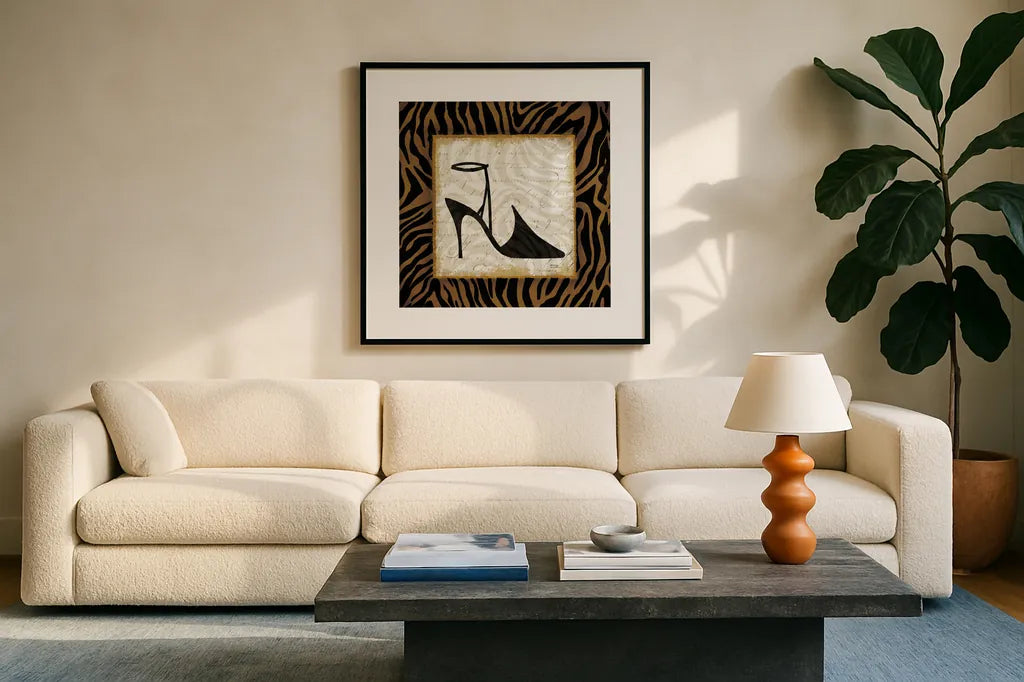 Safari Shoes II by Michael Mullan. Displayed in a glass frame with matte in a clean modern living room. Available as an archival giclee rolled canvas, fine art paper, or poster print. SKU 2865a.