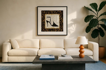 Safari Shoes II by Michael Mullan. Displayed in a glass frame with matte in a clean modern living room. Available as an archival giclee rolled canvas, fine art paper, or poster print. SKU 2865a.