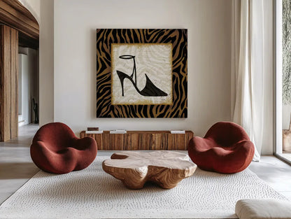 Safari Shoes II by Michael Mullan. Shown as extra-large giant wall art in a modern living room. Available as an archival giclee rolled canvas, fine art paper, or poster print. SKU 2865a.