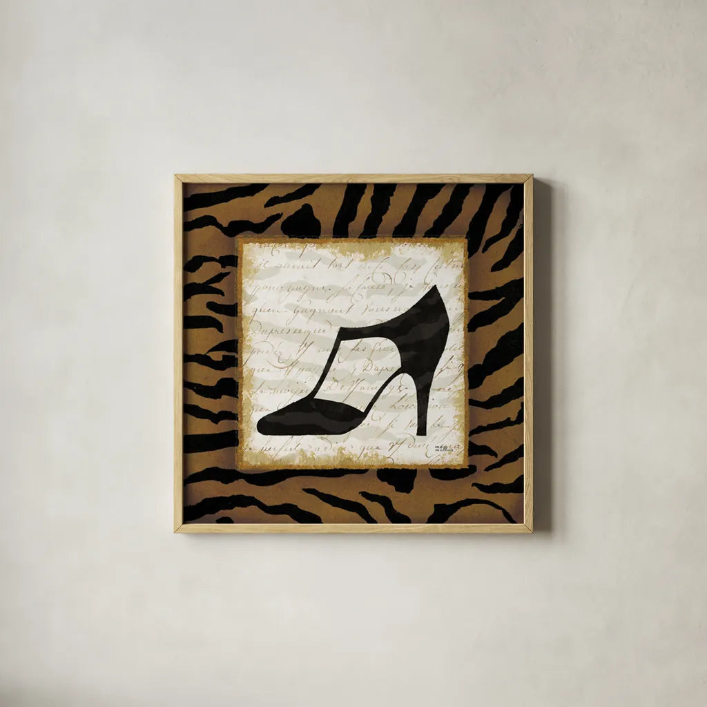 Safari Shoes III by Michael Mullan. Shown in a natural wood glass frame for a timeless modern aesthetic. Available as an archival giclee rolled canvas, fine art paper, or poster print. SKU 2866a.