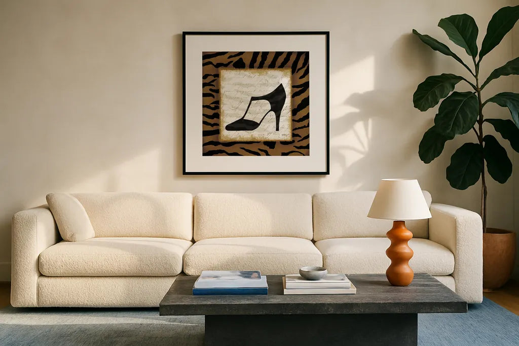Safari Shoes III by Michael Mullan. Displayed in a glass frame with matte in a clean modern living room. Available as an archival giclee rolled canvas, fine art paper, or poster print. SKU 2866a.