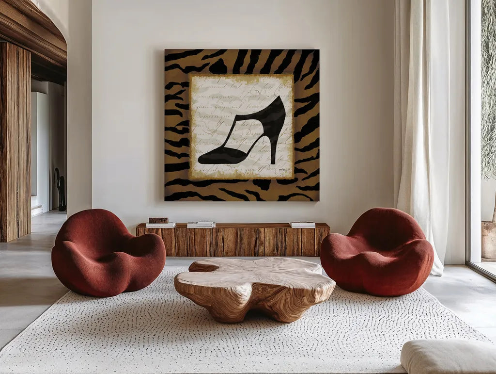Safari Shoes III by Michael Mullan. Shown as extra-large giant wall art in a modern living room. Available as an archival giclee rolled canvas, fine art paper, or poster print. SKU 2866a.