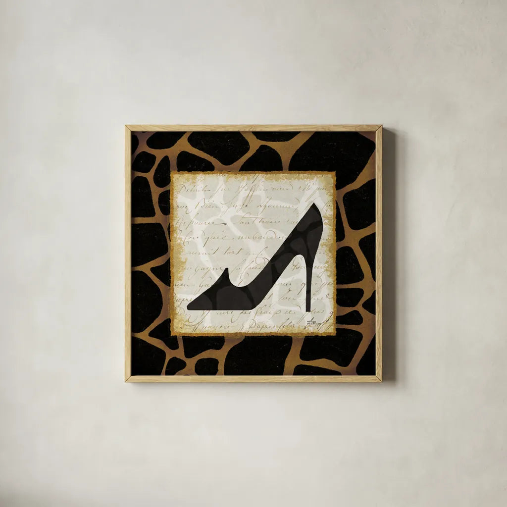Safari Shoes IV by Michael Mullan. Shown in a natural wood glass frame for a timeless modern aesthetic. Available as an archival giclee rolled canvas, fine art paper, or poster print. SKU 2867a.