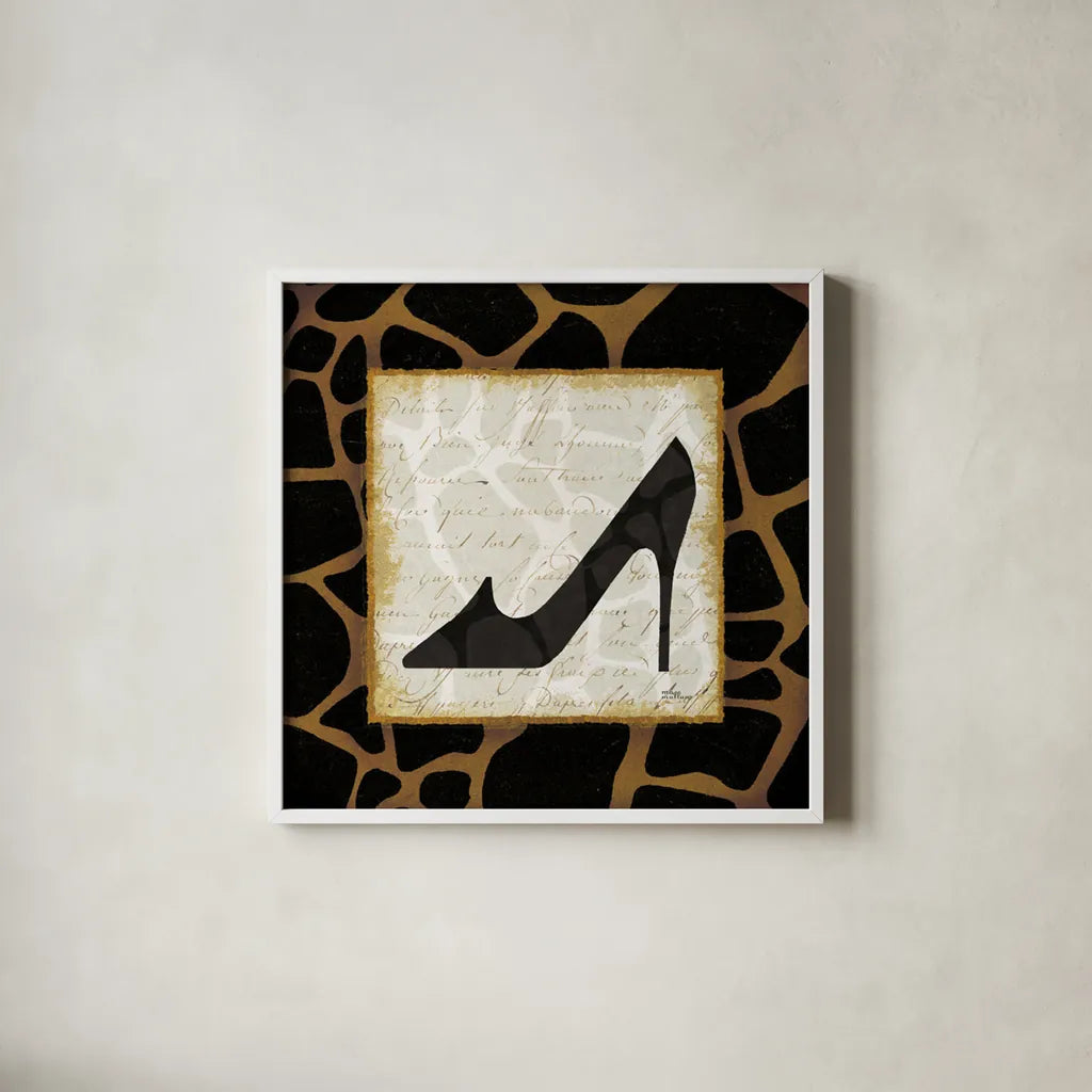 Safari Shoes IV by Michael Mullan. Shown in a crisp white glass frame for a clean and minimalist style. Available as an archival giclee rolled canvas, fine art paper, or poster print. SKU 2867a.