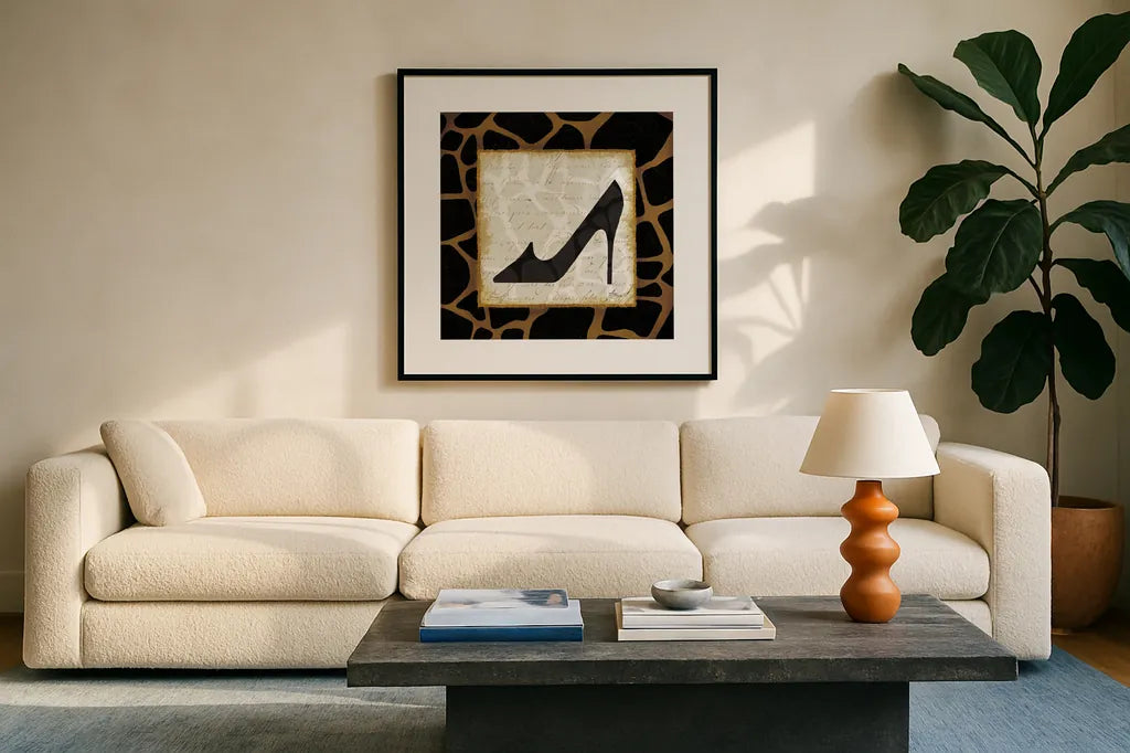 Safari Shoes IV by Michael Mullan. Displayed in a glass frame with matte in a clean modern living room. Available as an archival giclee rolled canvas, fine art paper, or poster print. SKU 2867a.