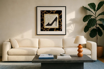 Safari Shoes IV by Michael Mullan. Displayed in a glass frame with matte in a clean modern living room. Available as an archival giclee rolled canvas, fine art paper, or poster print. SKU 2867a.