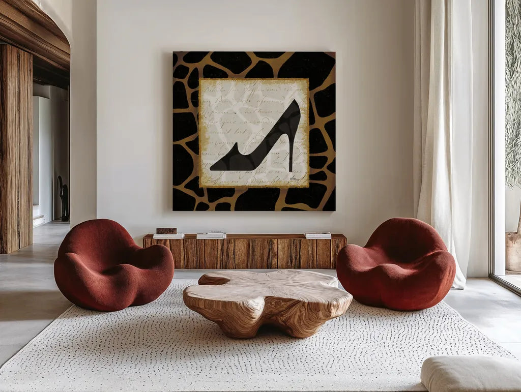 Safari Shoes IV by Michael Mullan. Shown as extra-large giant wall art in a modern living room. Available as an archival giclee rolled canvas, fine art paper, or poster print. SKU 2867a.