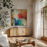 Seasons by Michael Mullan. Shown in a natural wood frame in a cozy modern living room. Available as an archival giclee rolled canvas, fine art paper, or poster print. SKU 14154a.