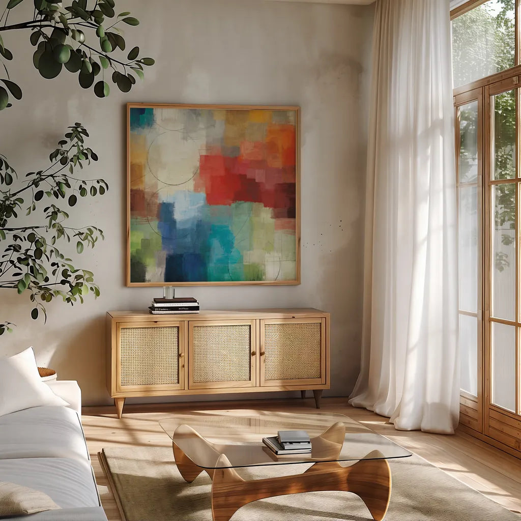 Seasons by Michael Mullan. Shown in a natural wood frame in a cozy modern living room. Available as an archival giclee rolled canvas, fine art paper, or poster print. SKU 14154a.