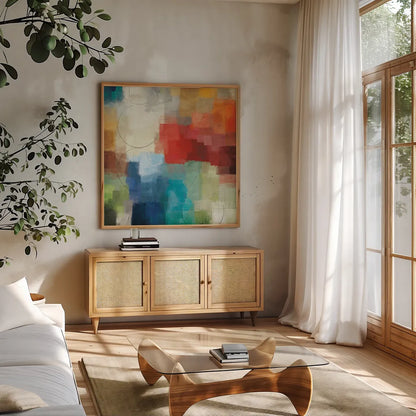 Seasons by Michael Mullan. Shown in a natural wood frame in a cozy modern living room. Available as an archival giclee rolled canvas, fine art paper, or poster print. SKU 14154a.