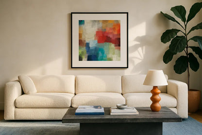 Seasons by Michael Mullan. Displayed in a glass frame with matte in a clean modern living room. Available as an archival giclee rolled canvas, fine art paper, or poster print. SKU 14154a.