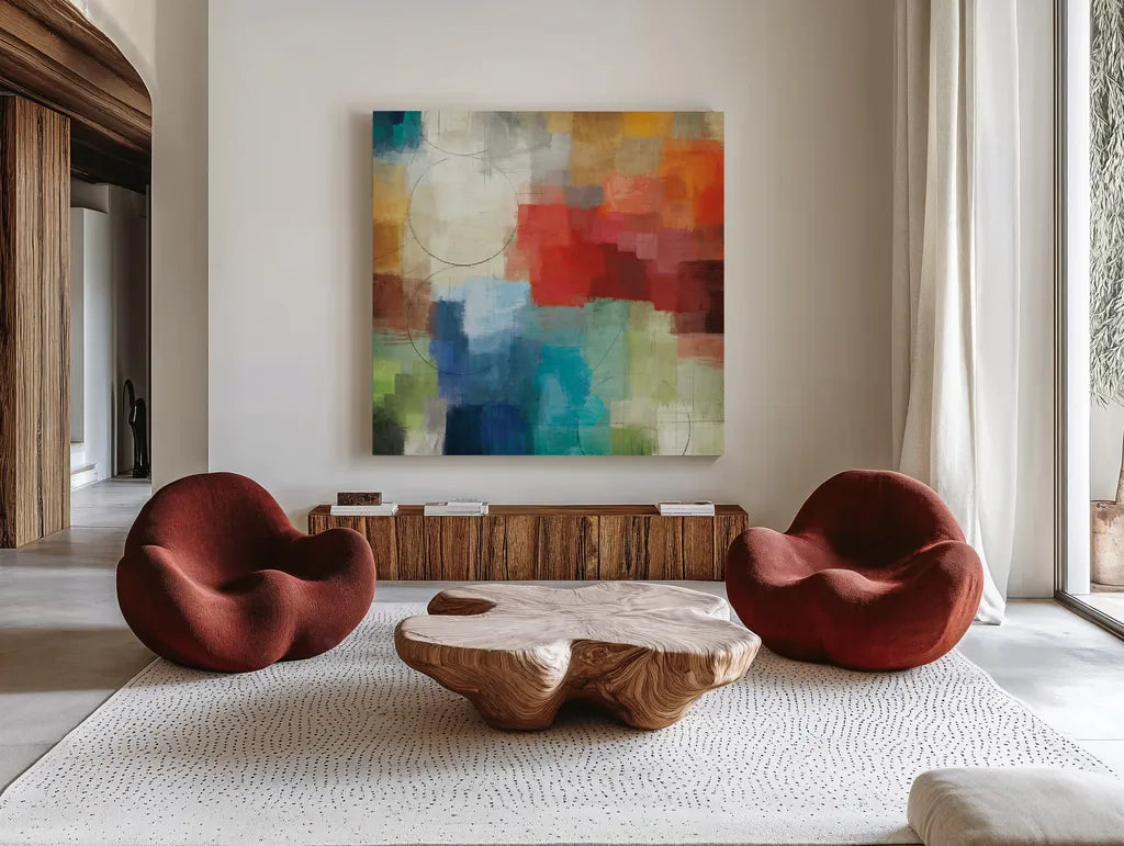 Seasons by Michael Mullan. Shown as extra-large giant wall art in a modern living room. Available as an archival giclee rolled canvas, fine art paper, or poster print. SKU 14154a.