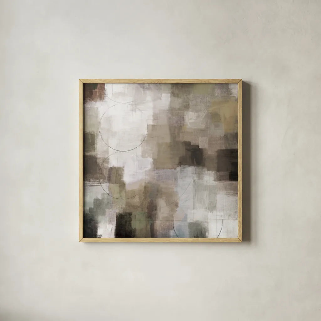 Seasons Neutral by Michael Mullan. Shown in a natural wood glass frame for a timeless modern aesthetic. Available as an archival giclee rolled canvas, fine art paper, or poster print. SKU 75162a.