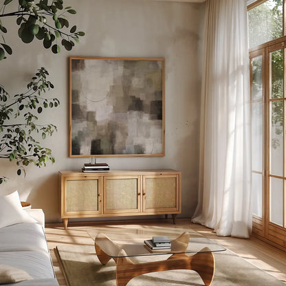 Seasons Neutral by Michael Mullan. Shown in a natural wood frame in a cozy modern living room. Available as an archival giclee rolled canvas, fine art paper, or poster print. SKU 75162a.