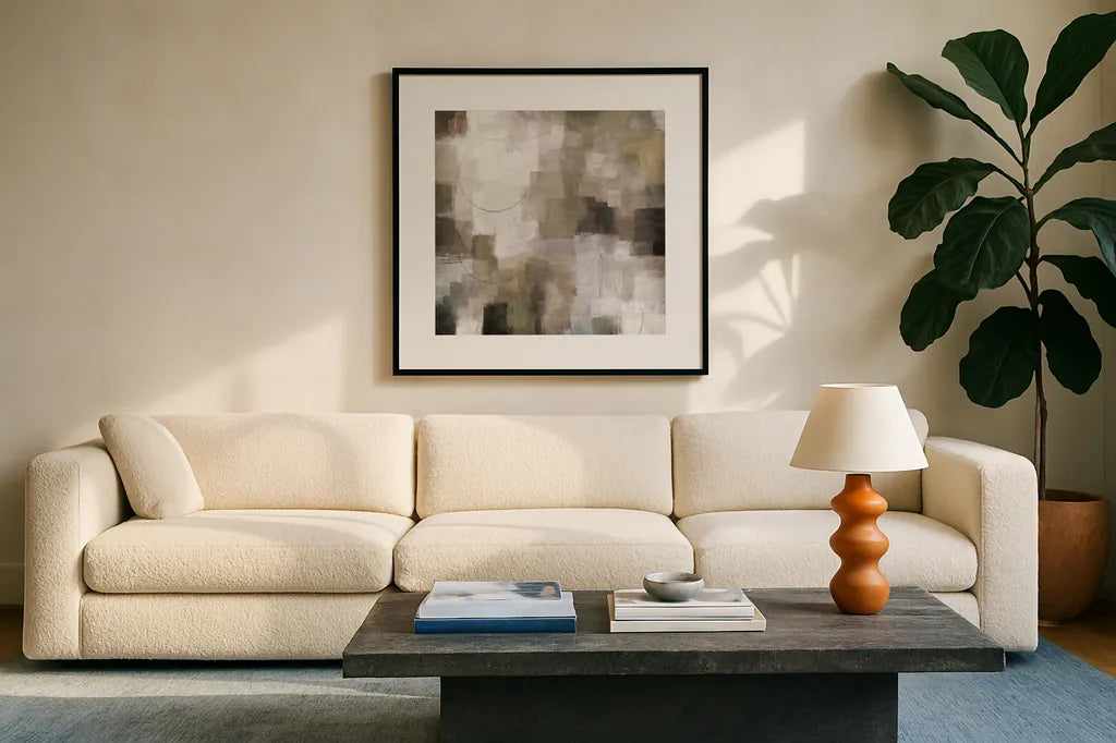 Seasons Neutral by Michael Mullan. Displayed in a glass frame with matte in a clean modern living room. Available as an archival giclee rolled canvas, fine art paper, or poster print. SKU 75162a.