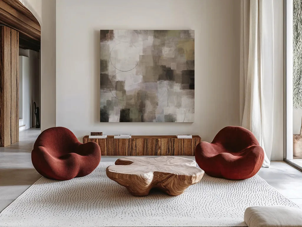 Seasons Neutral by Michael Mullan. Shown as extra-large giant wall art in a modern living room. Available as an archival giclee rolled canvas, fine art paper, or poster print. SKU 75162a.