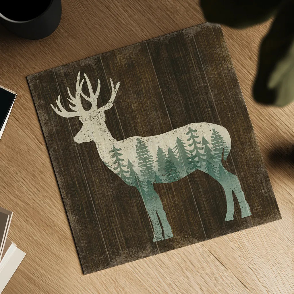 Simple Living Deer Silhouette by Michael Mullan. Shown as a detailed flat fine art print, highlighting archival giclee quality. Available as an archival giclee rolled canvas, fine art paper, or poster print. SKU 69301a.