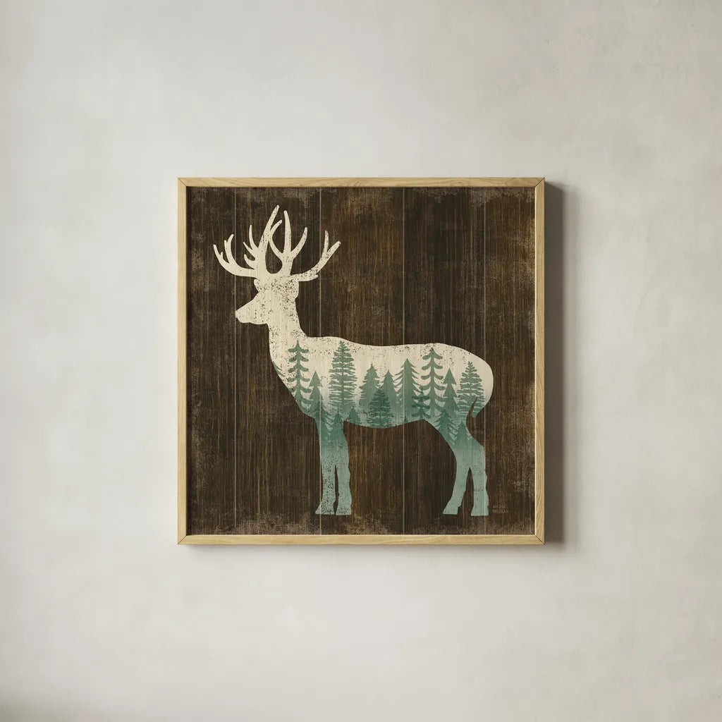 Simple Living Deer Silhouette by Michael Mullan. Shown in a natural wood glass frame for a timeless modern aesthetic. Available as an archival giclee rolled canvas, fine art paper, or poster print. SKU 69301a.