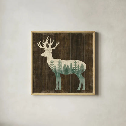 Simple Living Deer Silhouette by Michael Mullan. Shown in a natural wood glass frame for a timeless modern aesthetic. Available as an archival giclee rolled canvas, fine art paper, or poster print. SKU 69301a.