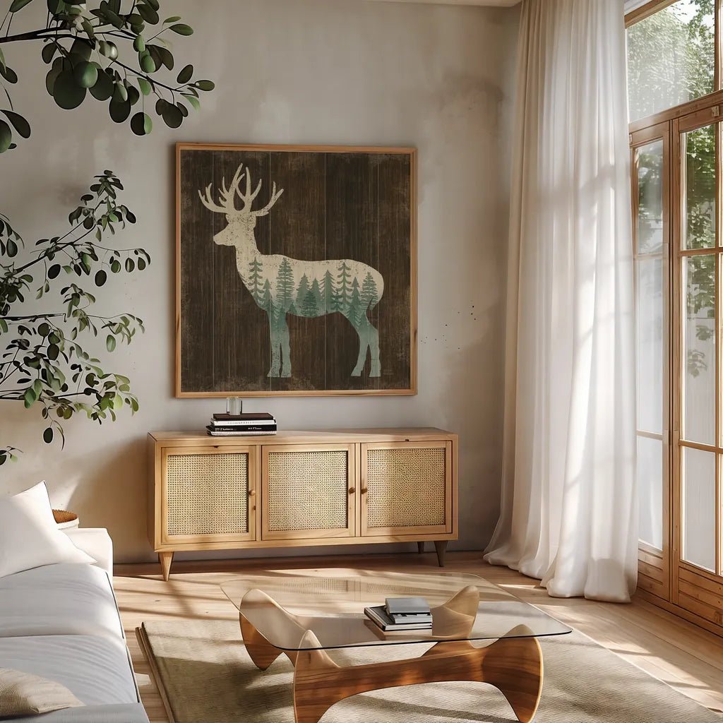 Simple Living Deer Silhouette by Michael Mullan. Shown in a natural wood frame in a cozy modern living room. Available as an archival giclee rolled canvas, fine art paper, or poster print. SKU 69301a.