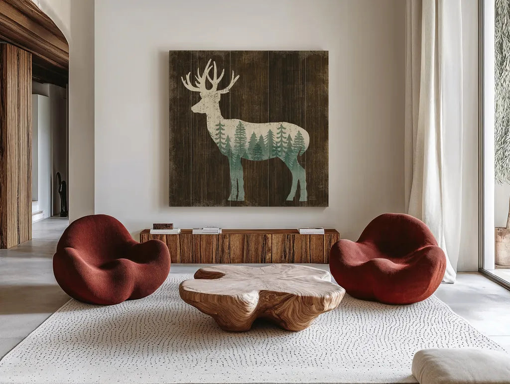 Simple Living Deer Silhouette by Michael Mullan. Shown as extra-large giant wall art in a modern living room. Available as an archival giclee rolled canvas, fine art paper, or poster print. SKU 69301a.