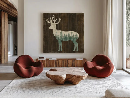 Simple Living Deer Silhouette by Michael Mullan. Shown as extra-large giant wall art in a modern living room. Available as an archival giclee rolled canvas, fine art paper, or poster print. SKU 69301a.
