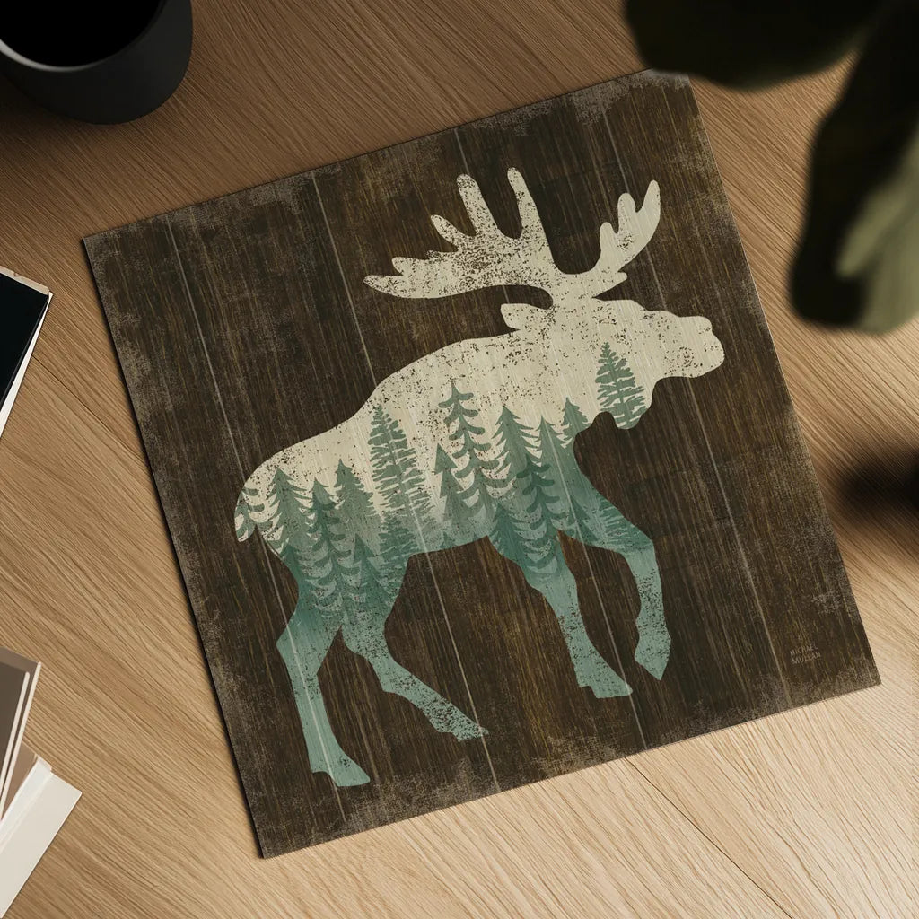 Simple Living Moose Silhouette by Michael Mullan. Shown as a detailed flat fine art print, highlighting archival giclee quality. Available as an archival giclee rolled canvas, fine art paper, or poster print. SKU 69300a.