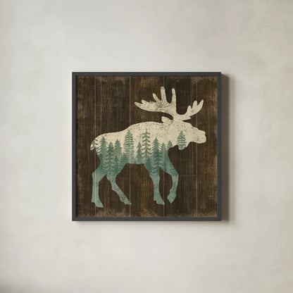 Simple Living Moose Silhouette by Michael Mullan. Shown in a sleek black glass frame for a contemporary gallery look. Available as an archival giclee rolled canvas, fine art paper, or poster print. SKU 69300a.