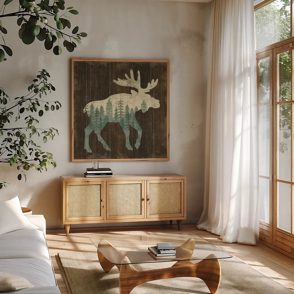 Simple Living Moose Silhouette by Michael Mullan. Shown in a natural wood frame in a cozy modern living room. Available as an archival giclee rolled canvas, fine art paper, or poster print. SKU 69300a.