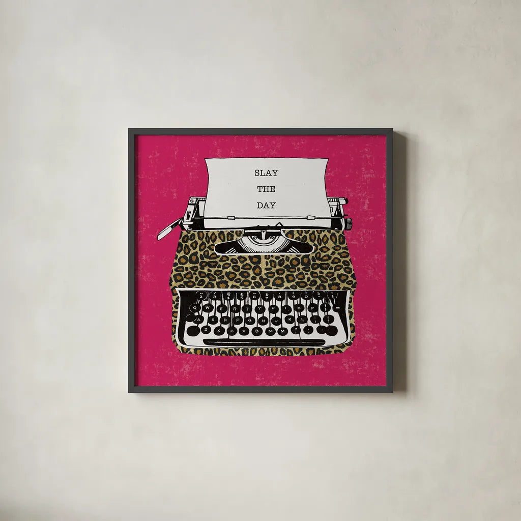 Slay the Day by Michael Mullan. Shown in a sleek black glass frame for a contemporary gallery look. Available as an archival giclee rolled canvas, fine art paper, or poster print. SKU 58417a.