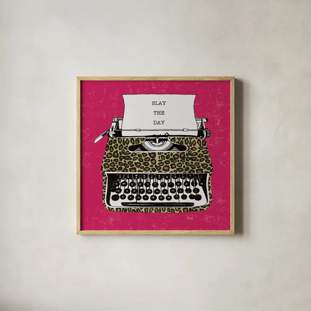 Slay the Day by Michael Mullan. Shown in a natural wood glass frame for a timeless modern aesthetic. Available as an archival giclee rolled canvas, fine art paper, or poster print. SKU 58417a.