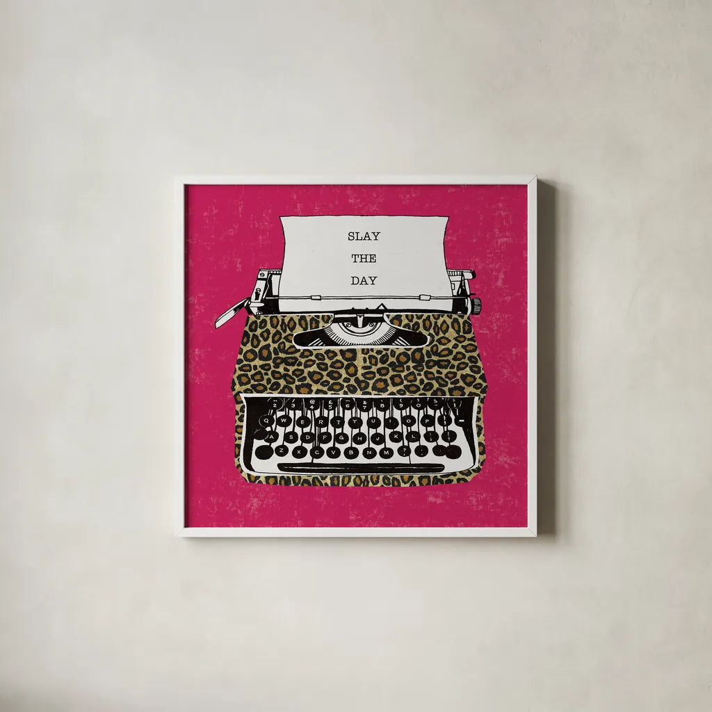 Slay the Day by Michael Mullan. Shown in a crisp white glass frame for a clean and minimalist style. Available as an archival giclee rolled canvas, fine art paper, or poster print. SKU 58417a.