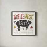 Southern Pride Best BBQ by Michael Mullan. Shown in a sleek black glass frame for a contemporary gallery look. Available as an archival giclee rolled canvas, fine art paper, or poster print. SKU 14012a.