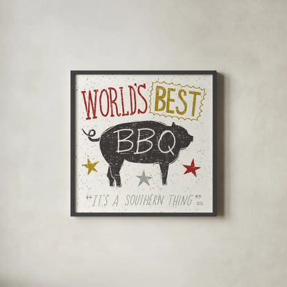 Southern Pride Best BBQ by Michael Mullan. Shown in a sleek black glass frame for a contemporary gallery look. Available as an archival giclee rolled canvas, fine art paper, or poster print. SKU 14012a.