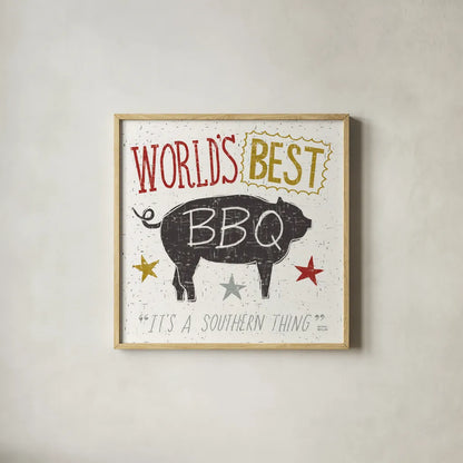 Southern Pride Best BBQ by Michael Mullan. Shown in a natural wood glass frame for a timeless modern aesthetic. Available as an archival giclee rolled canvas, fine art paper, or poster print. SKU 14012a.