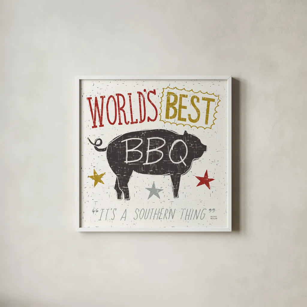 Southern Pride Best BBQ by Michael Mullan. Shown in a crisp white glass frame for a clean and minimalist style. Available as an archival giclee rolled canvas, fine art paper, or poster print. SKU 14012a.