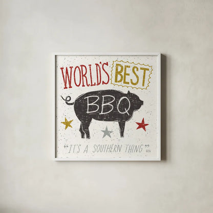 Southern Pride Best BBQ by Michael Mullan. Shown in a crisp white glass frame for a clean and minimalist style. Available as an archival giclee rolled canvas, fine art paper, or poster print. SKU 14012a.