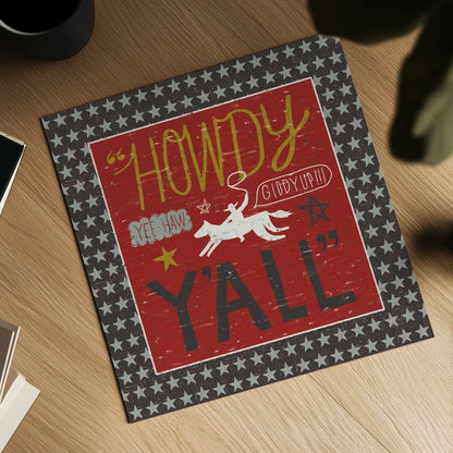 Southern Pride Howdy Yall by Michael Mullan. Shown as a detailed flat fine art print, highlighting archival giclee quality. Available as an archival giclee rolled canvas, fine art paper, or poster print. SKU 14013a.