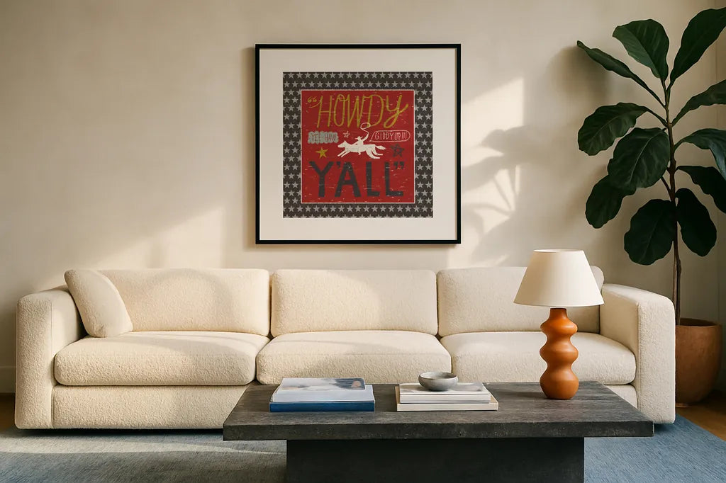 Southern Pride Howdy Yall by Michael Mullan. Displayed in a glass frame with matte in a clean modern living room. Available as an archival giclee rolled canvas, fine art paper, or poster print. SKU 14013a.
